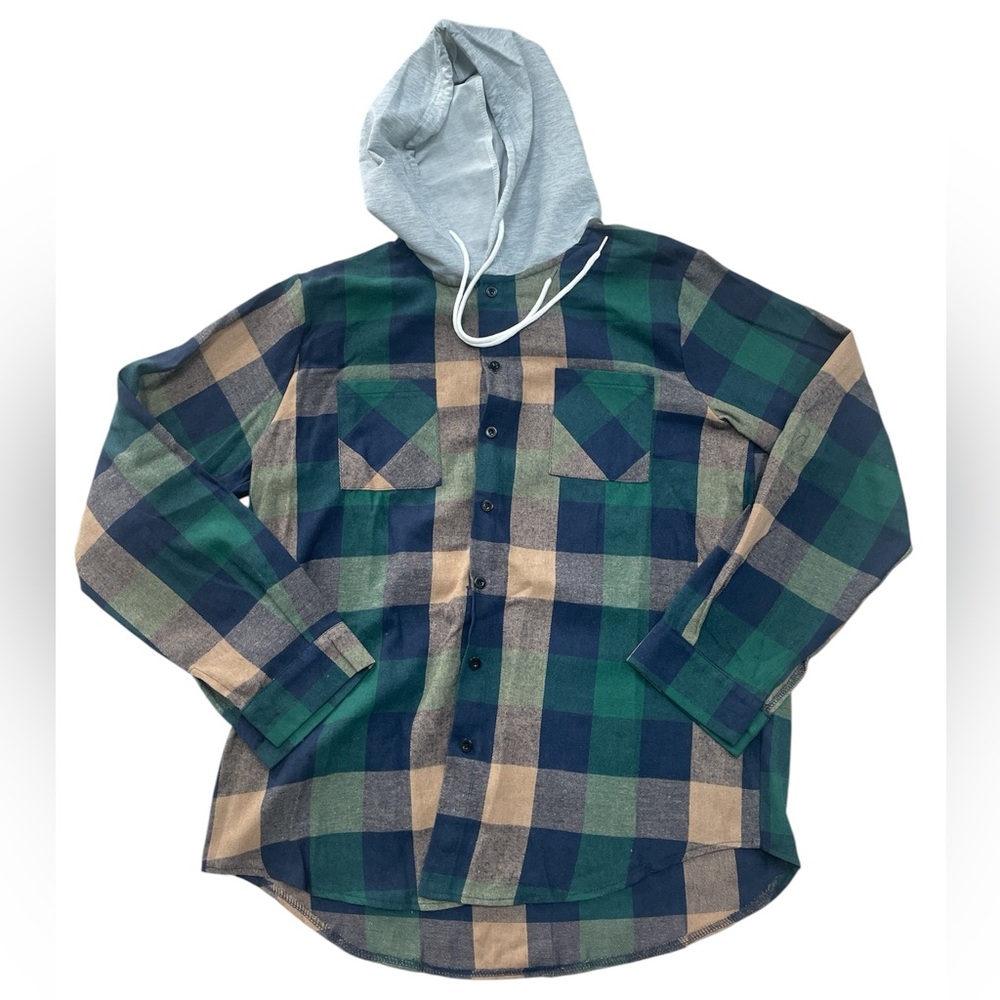 Mens Flannel button up With Hood Size XLarge New